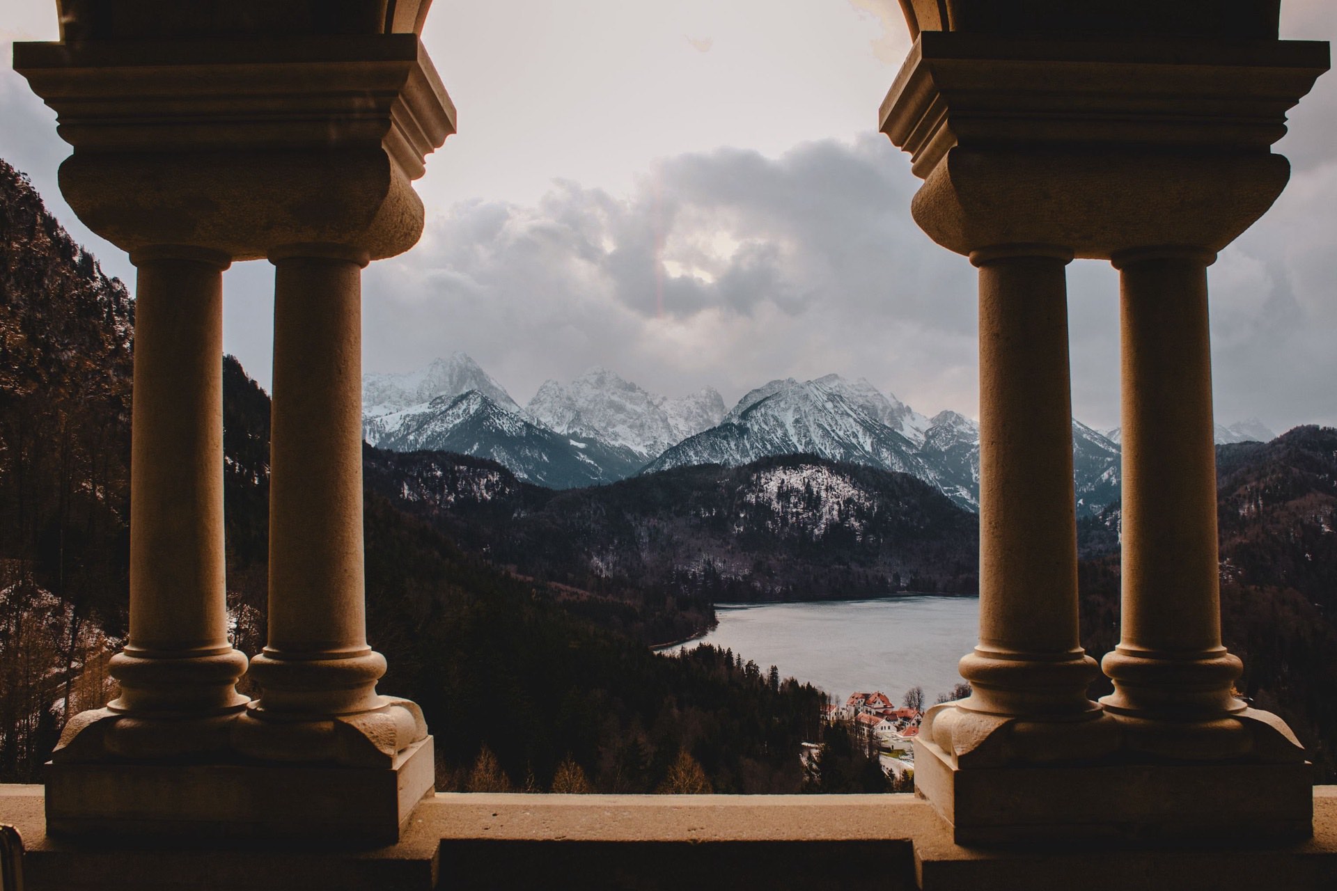 Snow-capped Bavarian Alps and a mountain lake in southern Germany